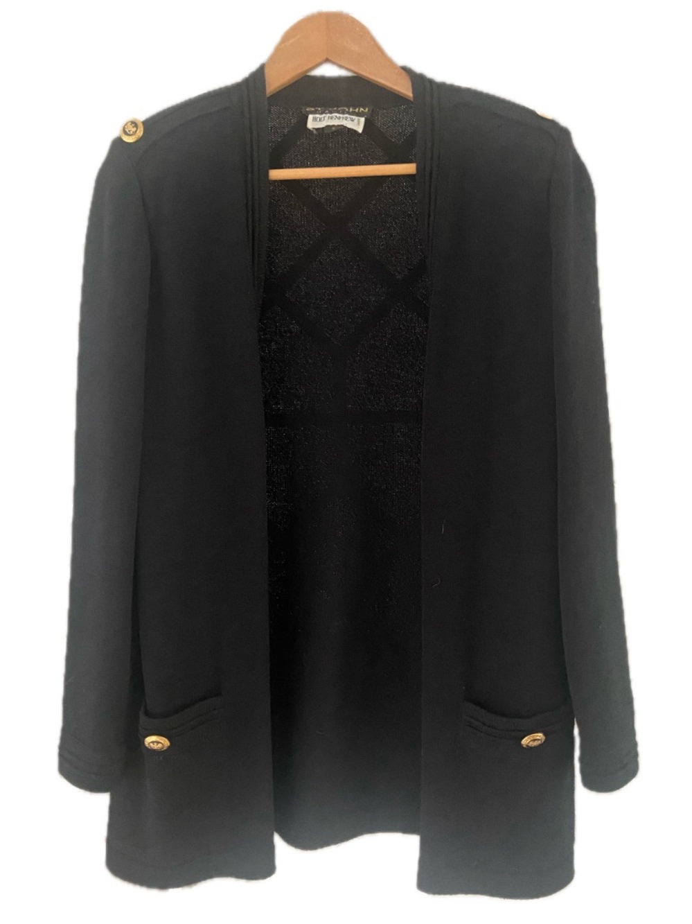 ST. JOHN Santana Knit Open Front Cardigan Small Black Wool Blend Made in USA